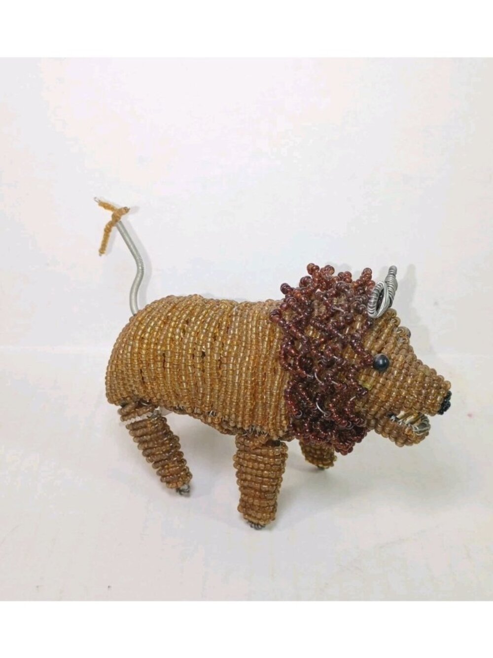 Seed Bead And Wire Lion Figurine Decorative Sculpture Handmade  7”